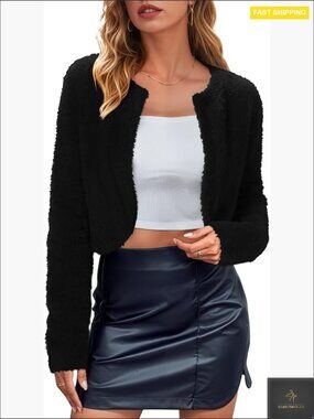 Faux Fur Cropped Jacket Y2K Chic Lightweight Wool Blend Open Front